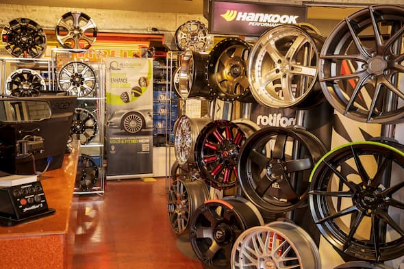custom wheels display at Big O Tires Victoria